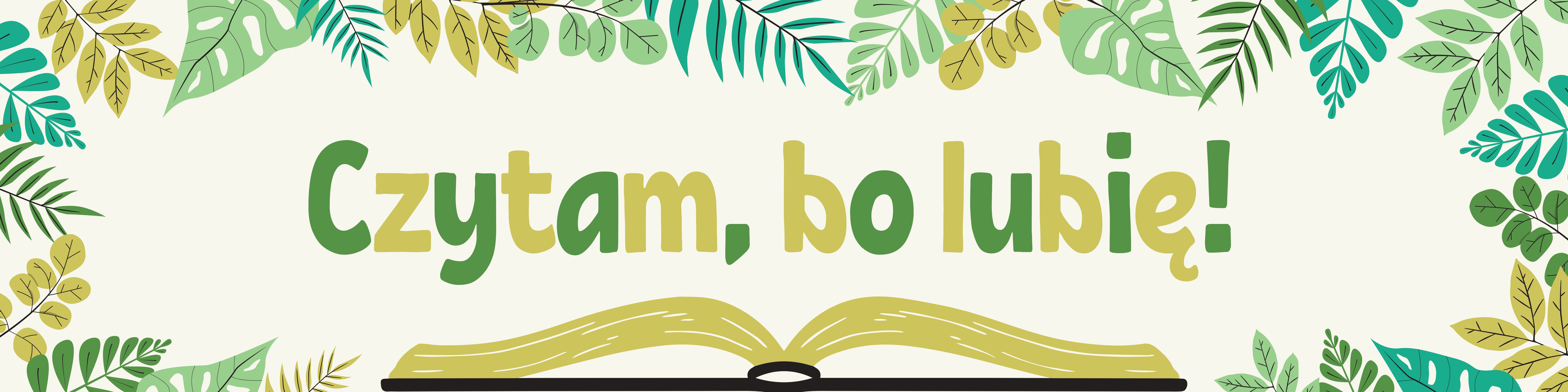 Baner konkursu "Czytam, bo lubię". Na grafice tutuł konkursu, książka i zielone liście. Kolorystyka: różne odcienie zieleni.